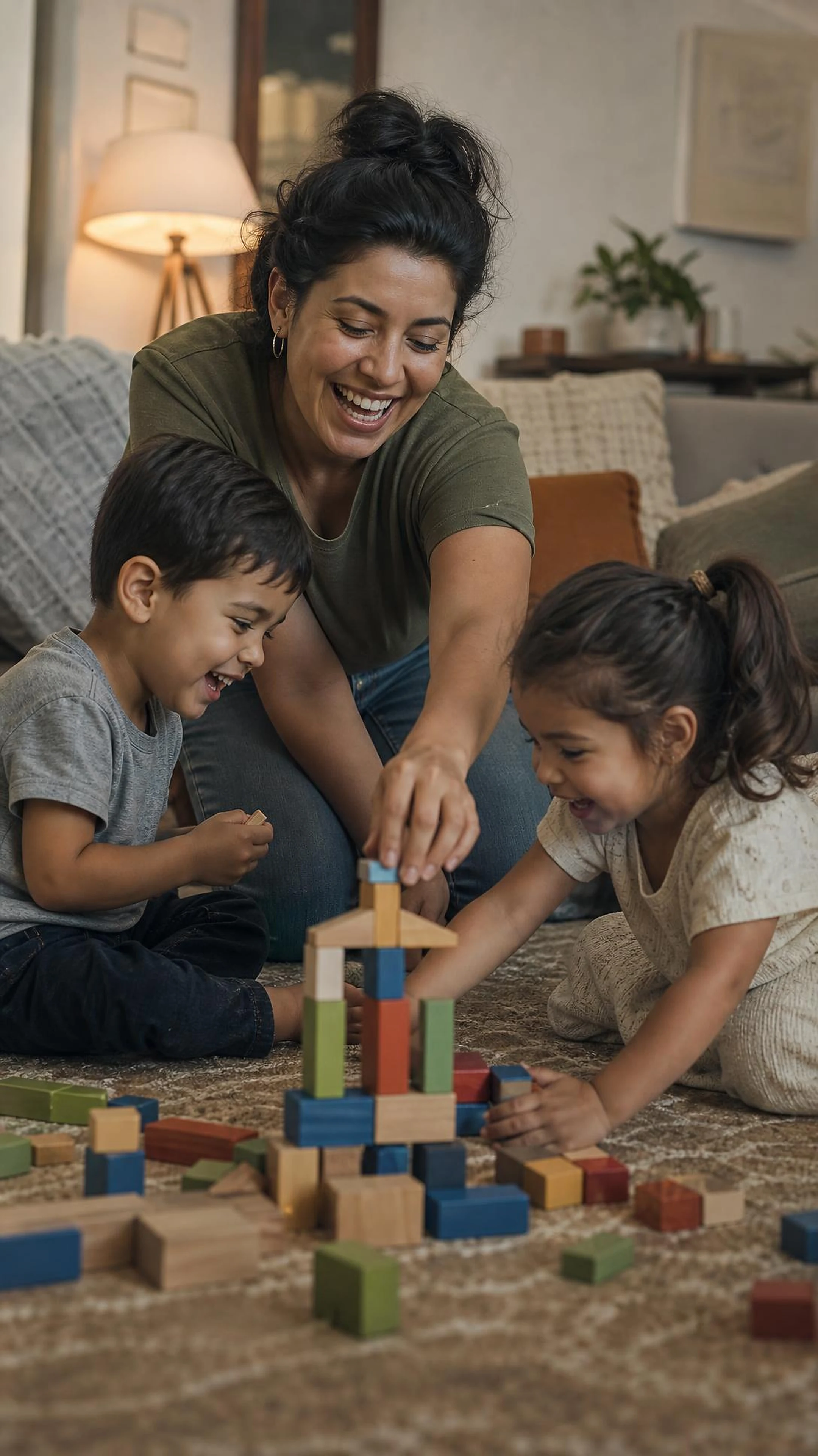 A mother playing actively on the floor with her two children
